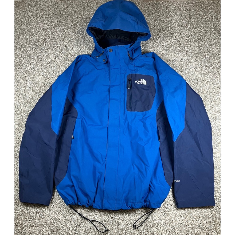 The North Face HyVent Rain Jacket Mens Large Blue Colorblock Hooded Shell